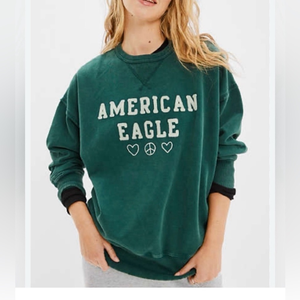 American Eagle Medium Crew Neck Pullover Peace Sweatshirt Green